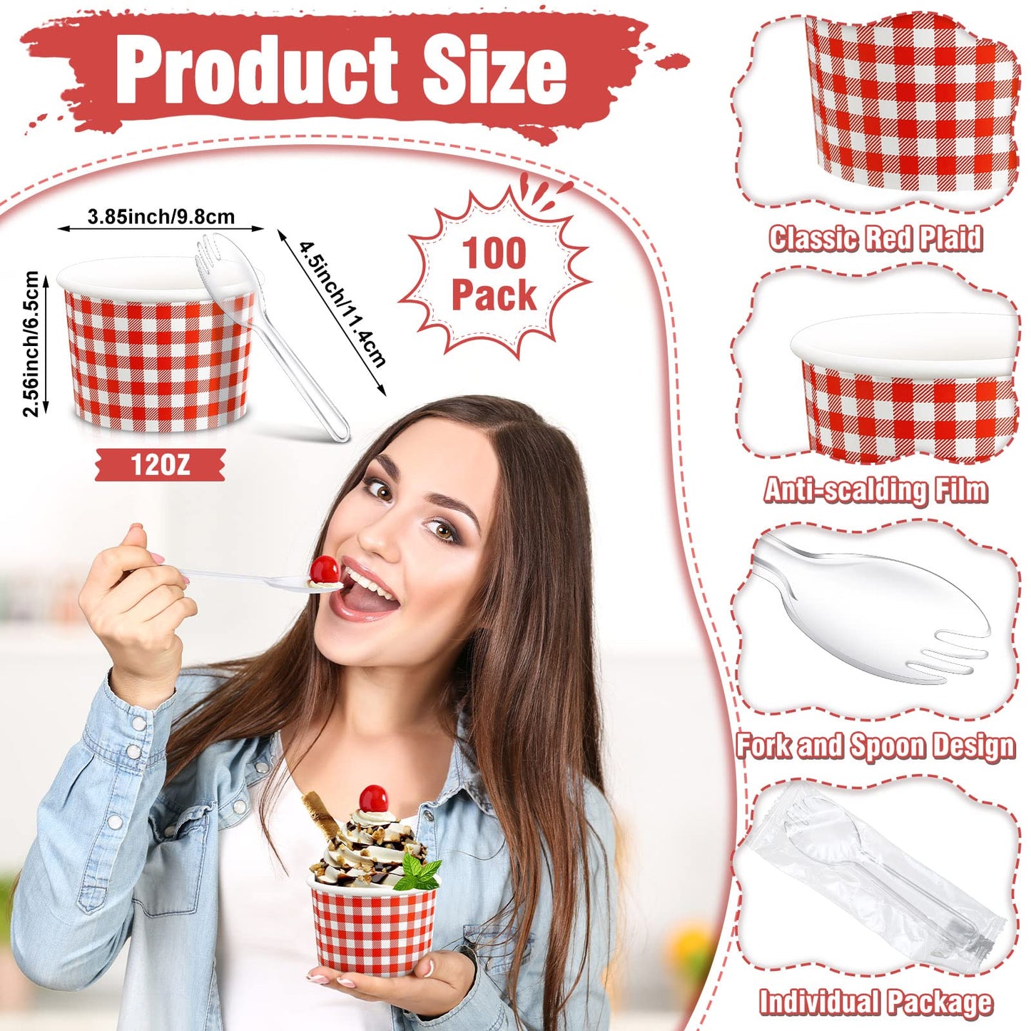 Tessco 100 Pack 12oz Ice Cream Cups Gingham Snack Bowls Party Supplies Gingham Bowls for Hot Soup Snacks Fruits(Red)
