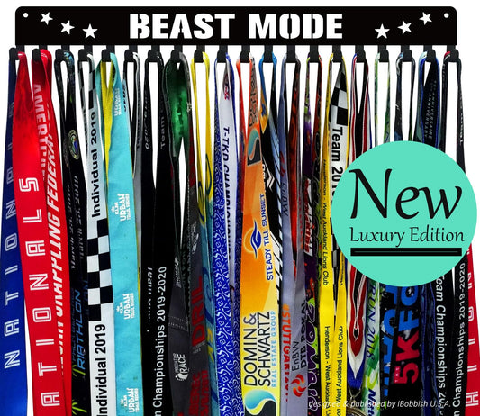 iBobbish Premium Medal Hanger Display BEAST MODE with 20 Hooks,Medal Hanger Display for Wall with 16inchL,race medal display Upgraded Medal Holder display for Wall Wrest,gymanstics,race,soccer,swim