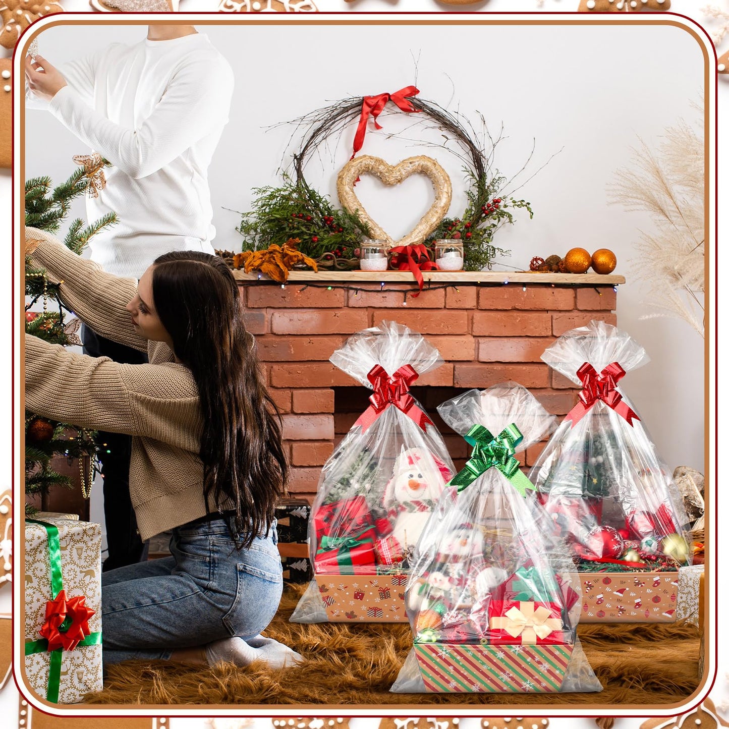 Yexiya 36 Pcs Christmas Baskets for Gifts Empty Diy Bulk Gift Basket Includes 12 Pcs Empty Baskets 12 Pcs Clear Gift Bags, Red Bows and Raffia Gift Basket Kit To Fill For Christmas Anniversary