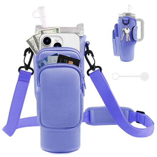 JEBEALUO Water Bottle Carrier Bag with Phone Pocket for Stanley Cup 40/30 oz, Water Bottle Holder with Adjustable Strap& Straw Cover, Stanley Cup Accessories (Violet)