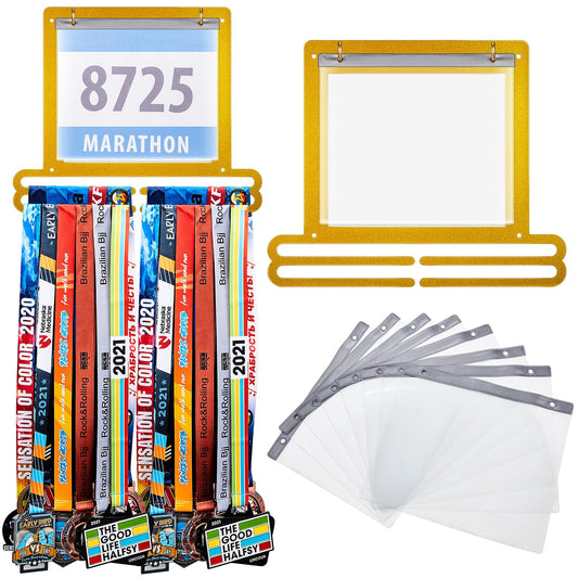 Moxweyeni Race Medal and Bib Display Medal Hanger Running Bib and Medal Holder Wall Mounted Hanging Medal Rack Holders with Bib Holder Gifts for Runners, 13.78 x 11.22 Inch (Gold)