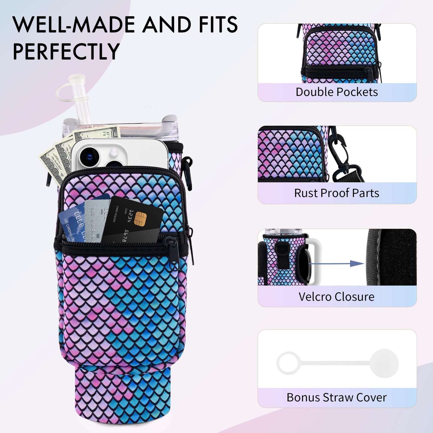 JEBEALUO Water Bottle Carrier Bag with Phone Pocket for Stanley Cup 40/30 oz, Water Bottle Holder with Adjustable Strap& Straw Cover, Stanley Cup Accessories (Mermaid)