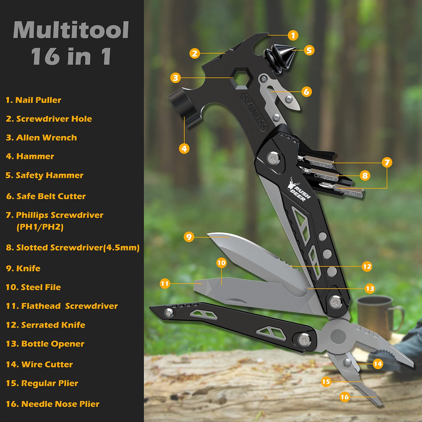 RUSH DEER 16-in-1 Multitool, Gifts for Dad, Hammer Multi tool, Utility Knife Multitools for Men, Survival Gear and Supplies, Christmas Gift for Boy Husbands