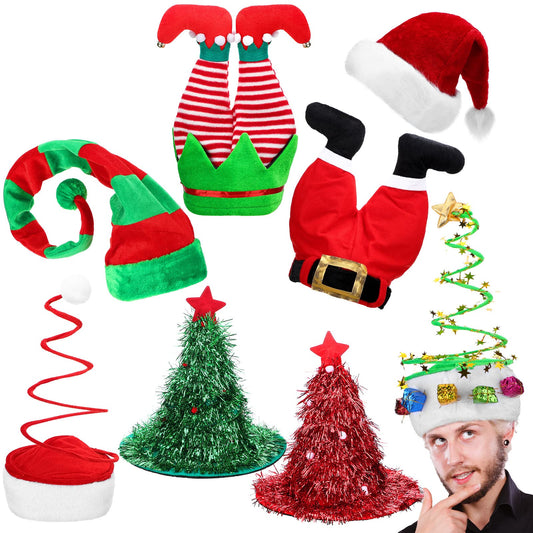 Funtery 8 Pieces Christmas Santa Unisex Hat Funny Long Striped Elf Pants Hat Christmas Tree Tinsel Accessories for Women Men Xmas Costume Party Supplies