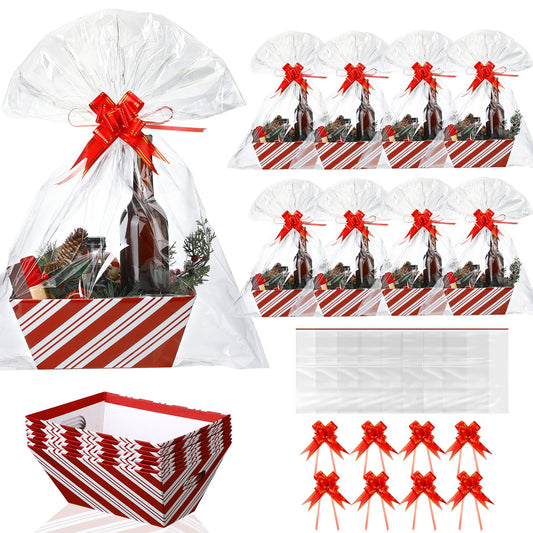 Kolldenn 24 Pcs Christmas Candy Cane Striped Gift Baskets 8" x 10" for Empty Gift Kit with Handles 8 Red White Stripes Basket 8 Bags and 8 Bows to Fill for DIY Xmas Wrapping