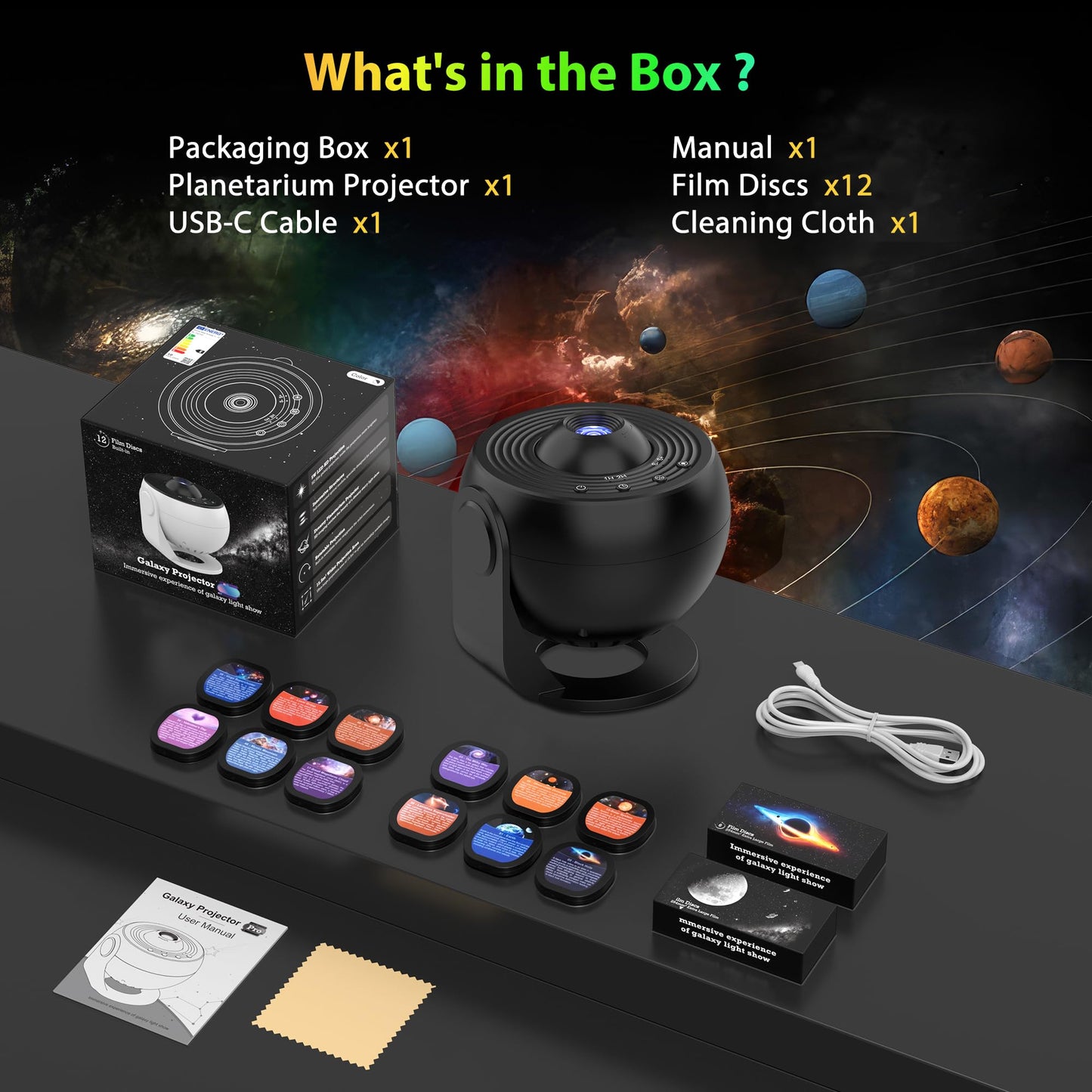 Galaxy Projector for Bedroom Pro Version, Upgraded Film Disc Star Projector for Kid 12 in 1 Planetarium Projector HD Image Adjustable Knob 360° Rotating 1/2h Timer Simple 4-Button Control
