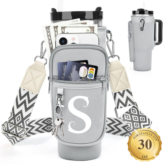 LOKASS Initial Water Bottle Holder with Upgrade Canvas Strap for Stanley 30 oz Tumbler, Gift for Mom Mother's Day Day gifts with Phone Pocket, Personalized Accessories for Stanley Cup, Grey - S