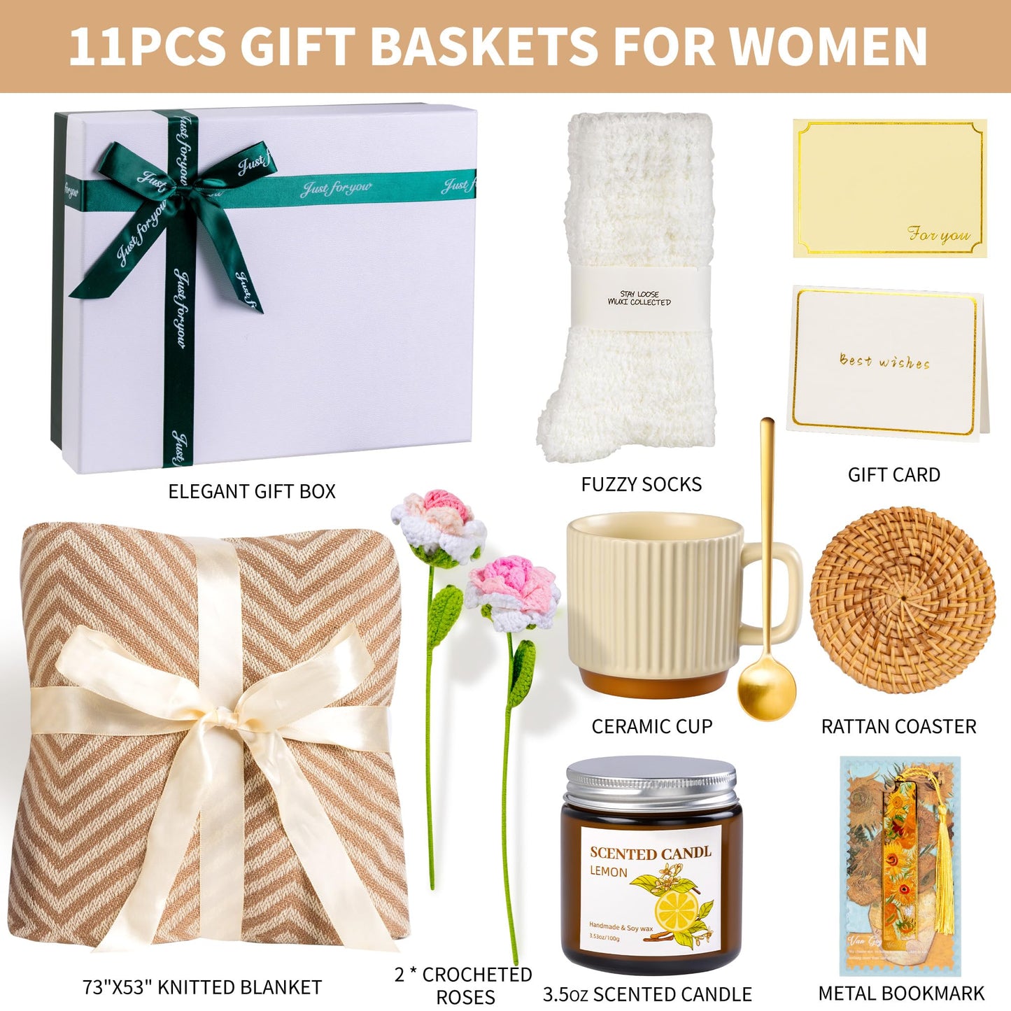 11PCS Birthday Gifts for Women, Self Care Gifts Baskets for Women Get Well Soon Gift with Soft Blanket, Thank You Gift for Wife, Mom, Care Package for Mothers Day, Christmas, Valentines