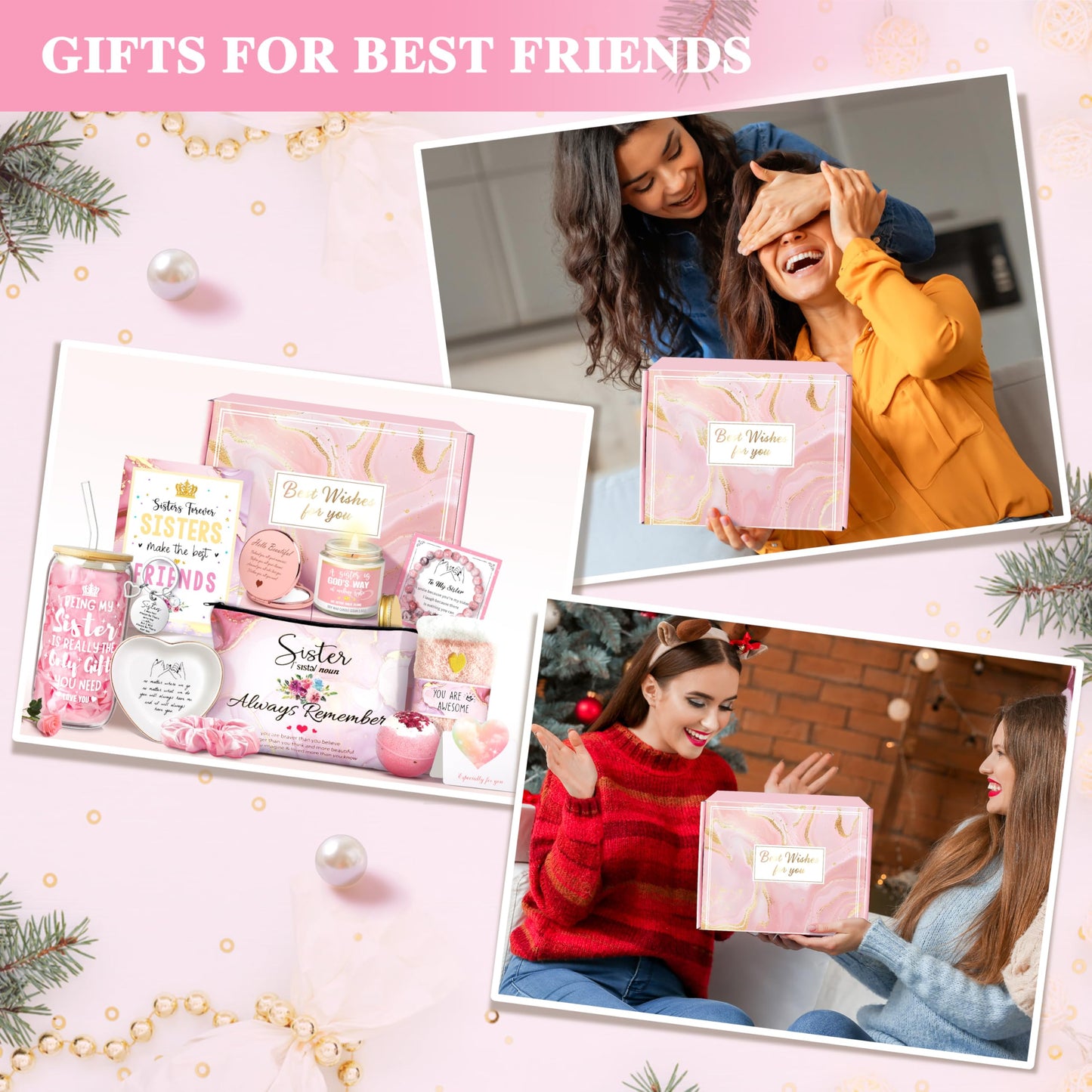 Sisters Birthday Gifts for Women Teen Girl, Best Friend Birthday Gifts Unique Friendship Gifts for Bestie BFF Friends Female Soul Sister Birthday Christmas Gift (Sisters Gifts-Pink)
