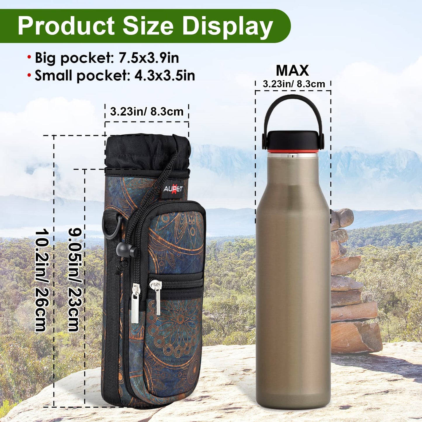 AUPET Water Bottle Sling Bag Sleeve Holder Carrier 25/32/40/64 oz,Insulated Crossbody Water Bottle Case Cover with Strap and Pockets for Men/Women Walking Hiking Camping (25oz, stylish)