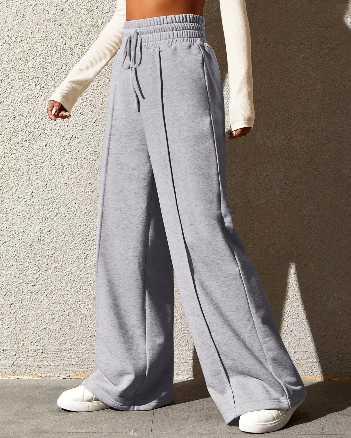 BTFBM Women's Causal Drawstring High Waist Baggy Straight Wide Leg Sweatpants with Pockets(Solid Light Grey,Medium)