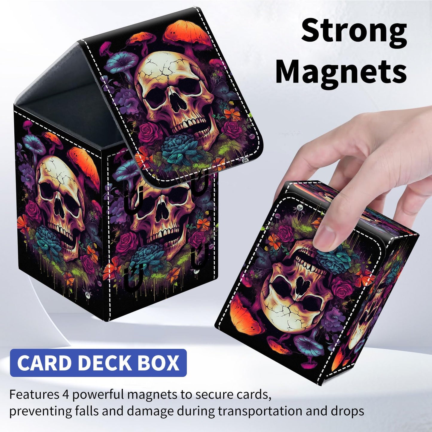 Qindaiwen Card Deck Box for Trading Cards, MTG Deck Box Fits 100+ Single Sleeved Cards, PU Leather Strong Magnet Card Deck Case Holder for Magic Commander TCG CCG, Flower Skull