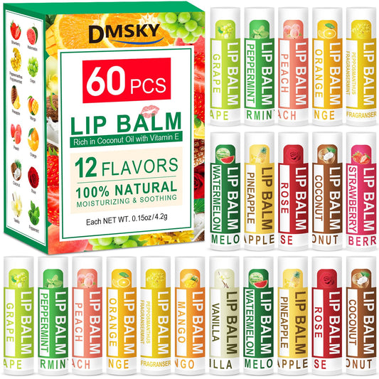 DMSKY Natural Lip Balm Bulk 60 Pack, Moisturizing Lip Balm with Vitamin E and Coconut Oil, Lip Care Product for Chapped Lips-12 Flavors