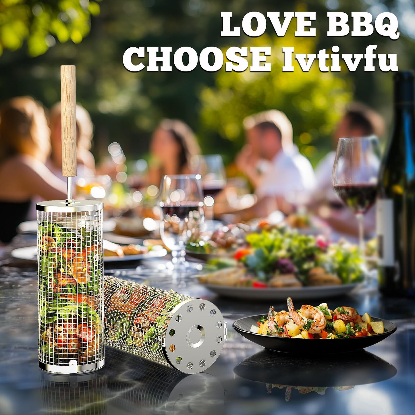 ivtivfu Rolling Grill Baskets, Removable Wooden Handle, 304 Stainless Steel, Nesting Grilling Net, BBQ Accessories Tools for Vegetable Shrimp, Outdoor Cooking Camping, Birthday Gifts for Men Dad Husband