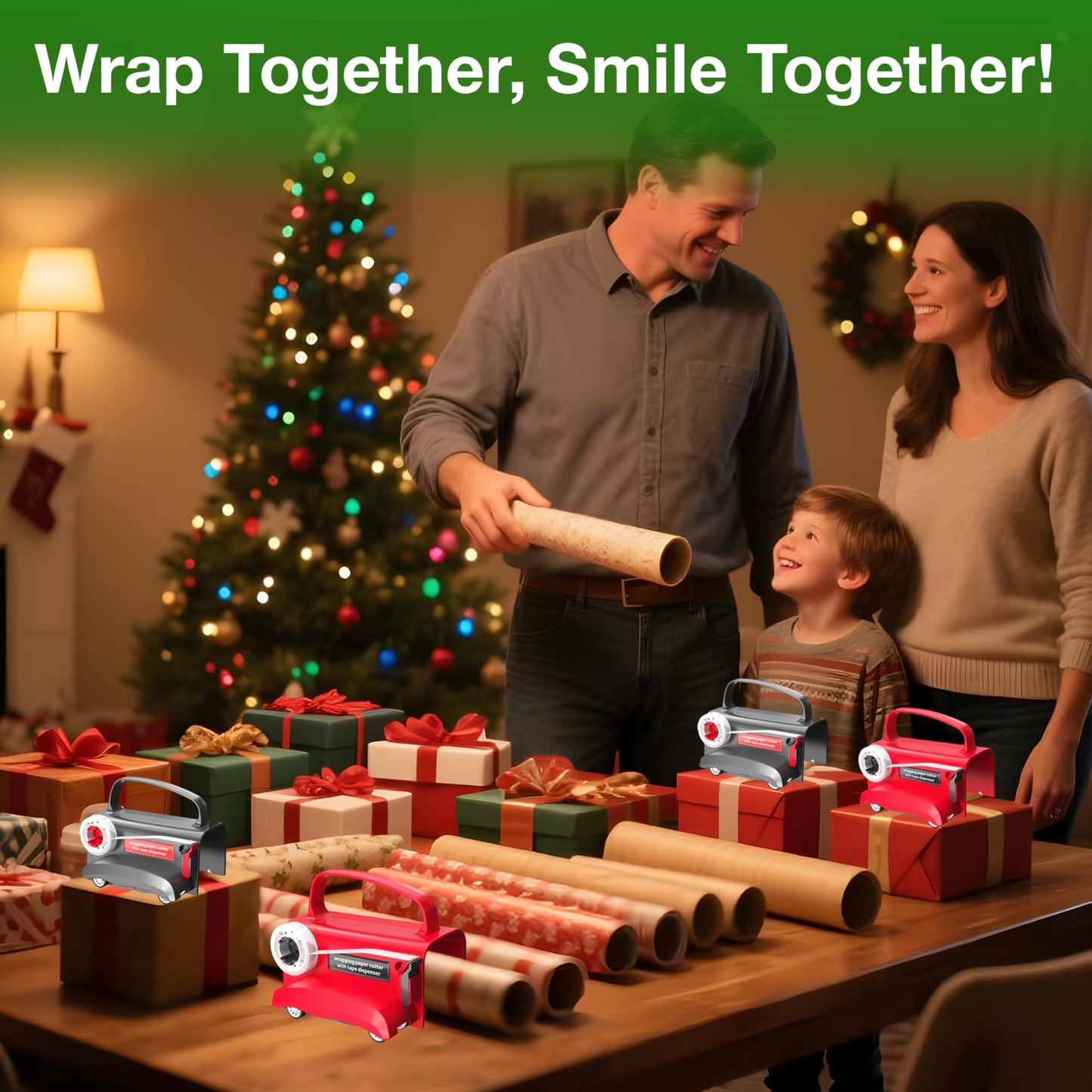 Wraprocut (2-Pack) Wheel Wrapping Paper Cutter & Tape Dispenser with 4 Tapes，2 Replace Blades Kit for Christmas Gift Wrap Cutter Tool Paper Roll Holder Tube Sliding Slicing for Birthday Holiday.