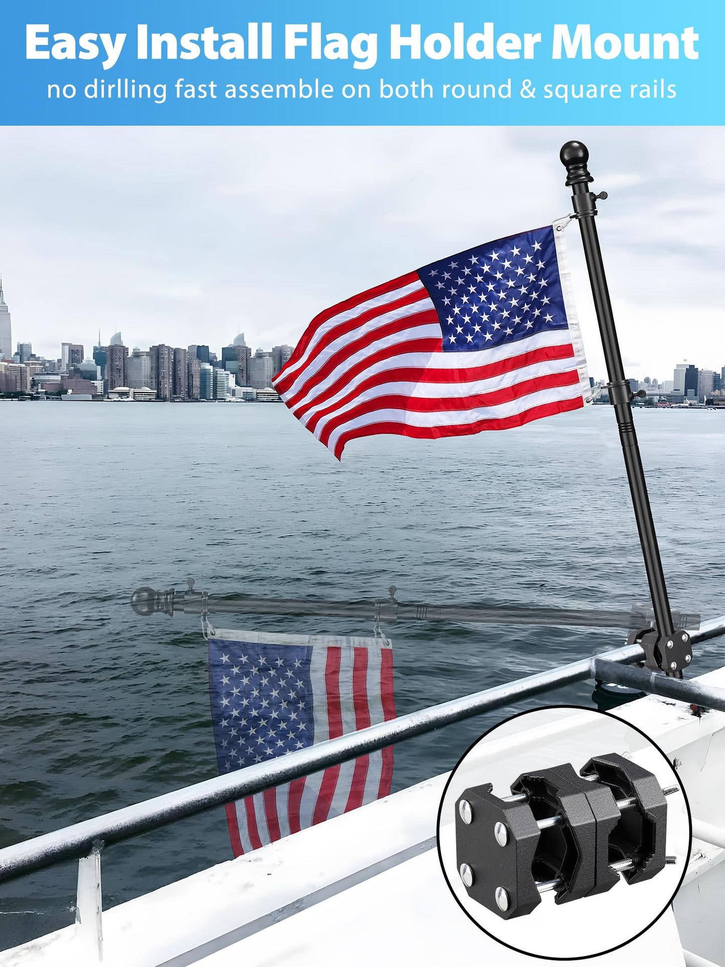 Boat Flag Pole, Pontoon Boat Accessories Flag Pole Kit with 12”x18” American Flag, 45 in Flag Pole, Holder Mount for 0.5"-1.1" Rails, Tangle Free Rings, Metal Black Marine Flags Pole for Yacht, 2 Pack