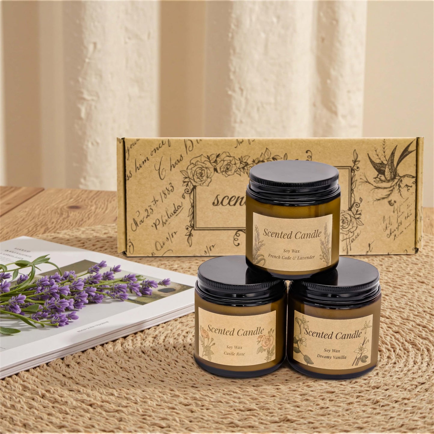 Rancco 3 Packs Scented Candles Set, Soy Candle for Home Scented, Floral Aromatherapy Jar Candles for Women & Men Ideal Gift for Birthdays, Anniversaries, Graduations(Vanilla Lavender Rose)