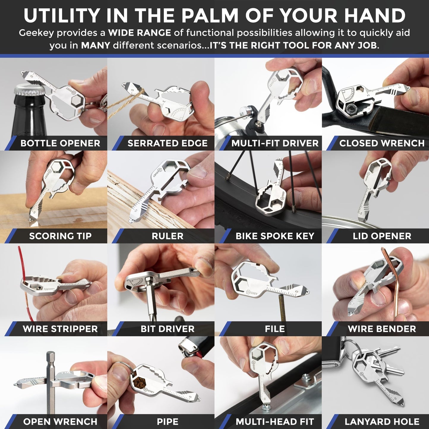 Geekey Keychain Multitool – EDC Tool with 16+ Functions | Small Bottle Opener keychain with Screwdriver, Wrench, and Box Cutter for Travel, Outdoor, and Everyday Use – TSA Safe