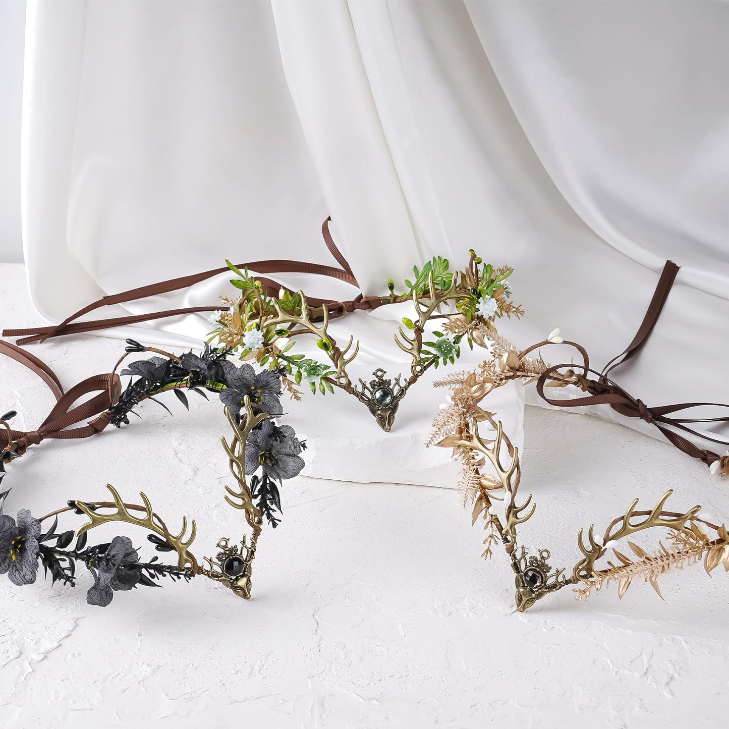 MOSTORY Woodland Flower Antler Crown - Floral Fairy Headpiece with Mini Deer Horns for Renaissance Costume Outfit Women, Forest Reindeer Circlet for Fairy Accessories Halloween Cosplay