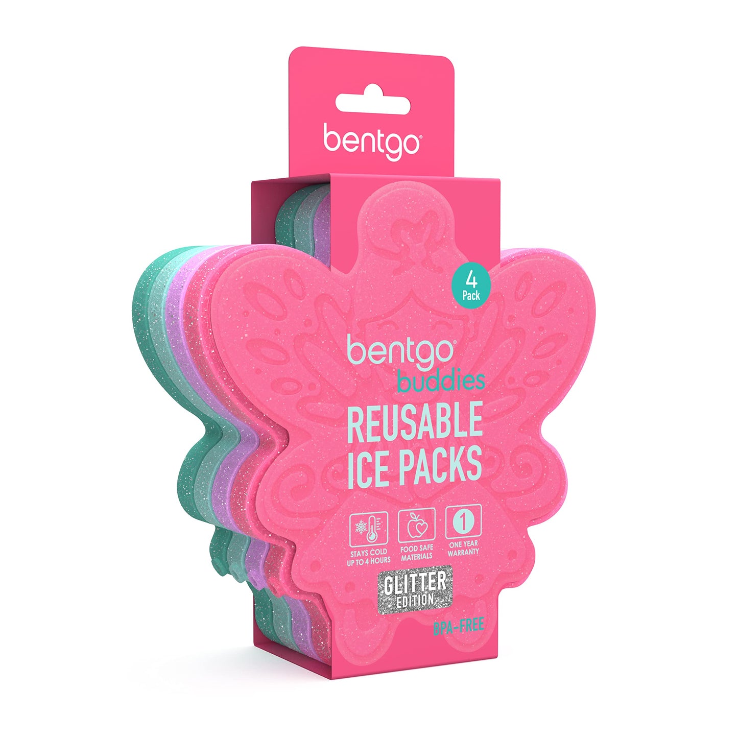 Bentgo® Buddies Glitter Reusable Ice Packs - Slim Ice Packs for Lunch Boxes, Lunch Bags, and Coolers - Multicolored 4-Pack (Fairy)