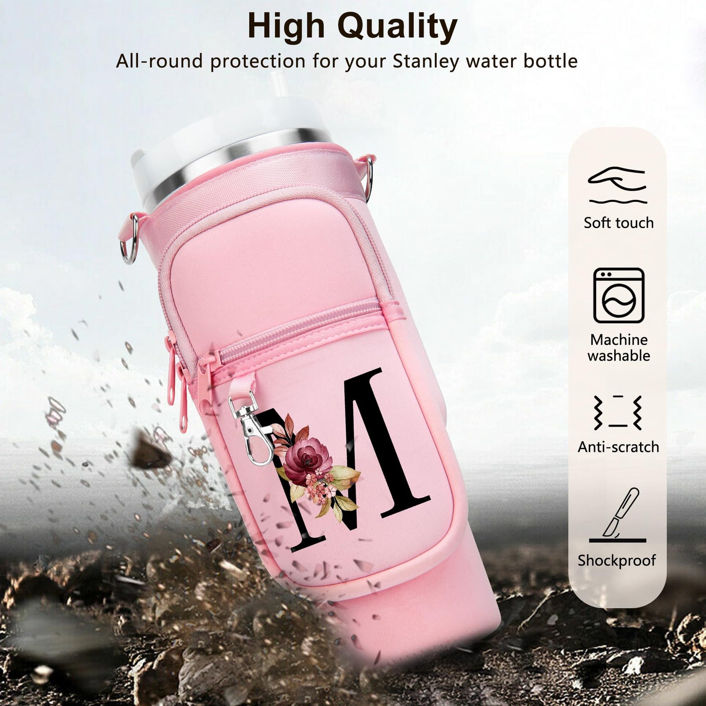 LOKASS Initial Water Bottle Holder with Upgrade Canvas Strap for Stanley 30 oz Tumbler, Gift for Mom Mother's Day Day gifts with Phone Pocket, Personalized Accessories for Stanley Cup, Pink - S