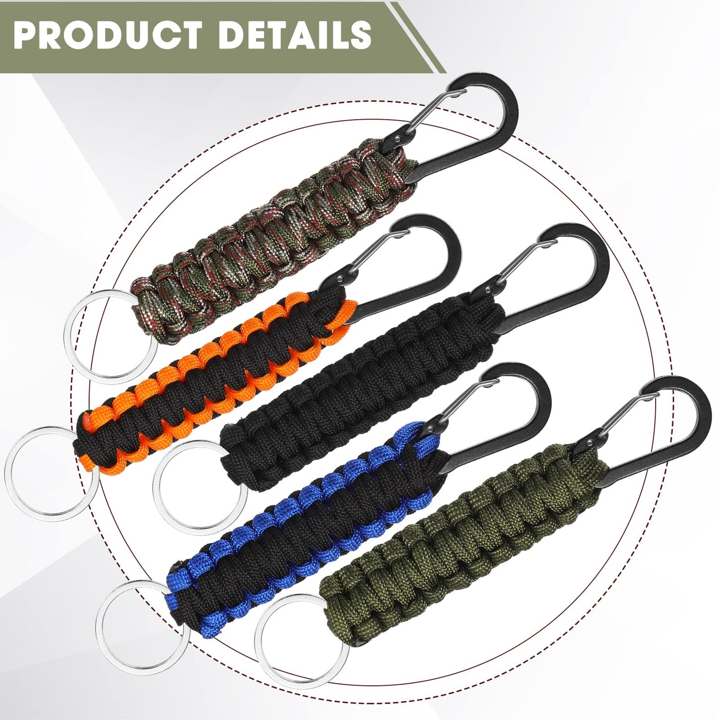 Fumete 20 Pcs Paracord Keychain Military Braided Keychain Clip with Strap Paracord Backpack Strap with Chain Hooks for Women Men Camping Fishing Hiking Backpacking Keys Hanger, 5 Styles
