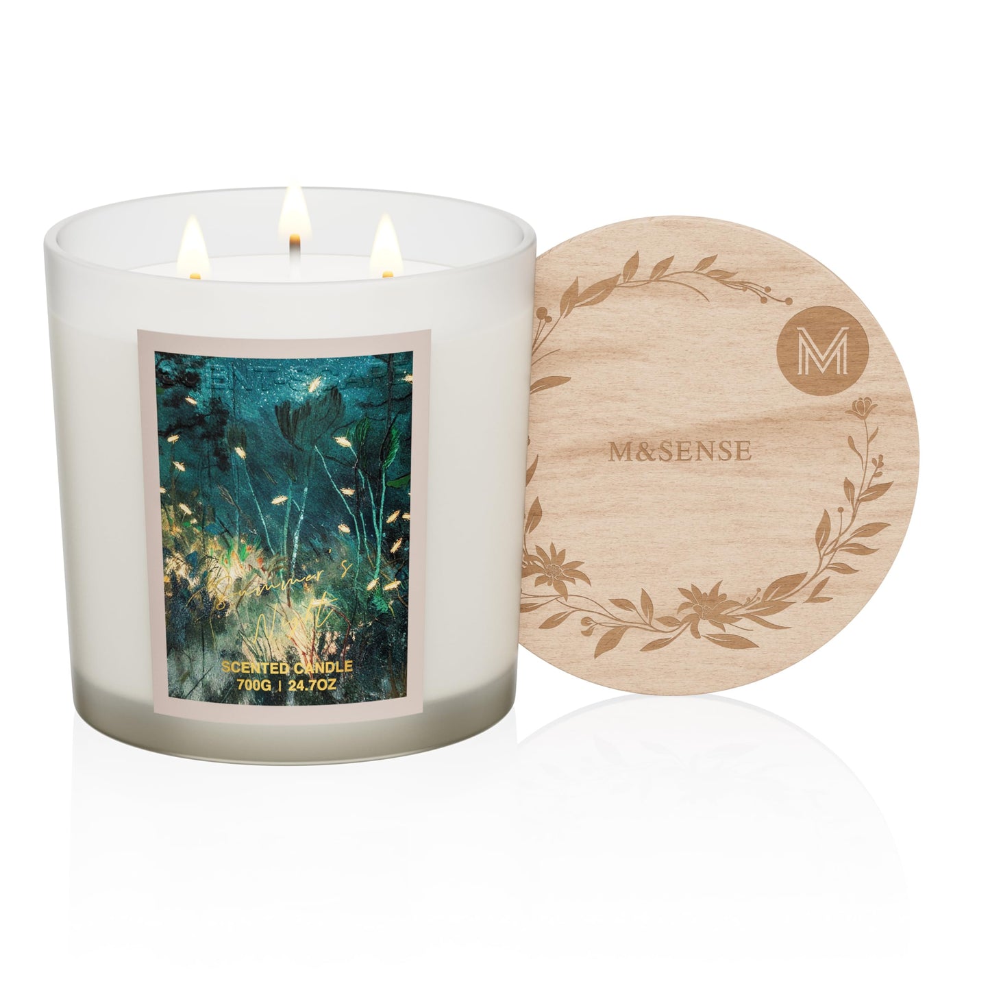 M&SENSE Large-Sized 3 Wick Summer's Night Calming Scented Candle, 24.7oz Soy Wax with Wooden Lid | 120 Hours Long Lasting Burn, Natural Jar Candle Gift for Stress Relief, Meditation, Relaxing SPA