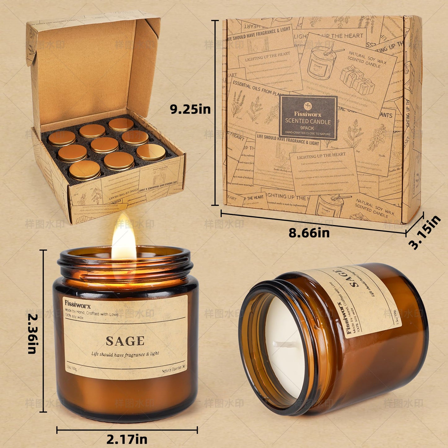 9 Pack Soy Candles for Home Scented | Grapefruit/Lemon Citrus/Bergamot Aromatherapy Candle Set in Amber Jar, Natural Scented Candles Gift for Women & Men, Birthday, Mother’s Day, Christmas