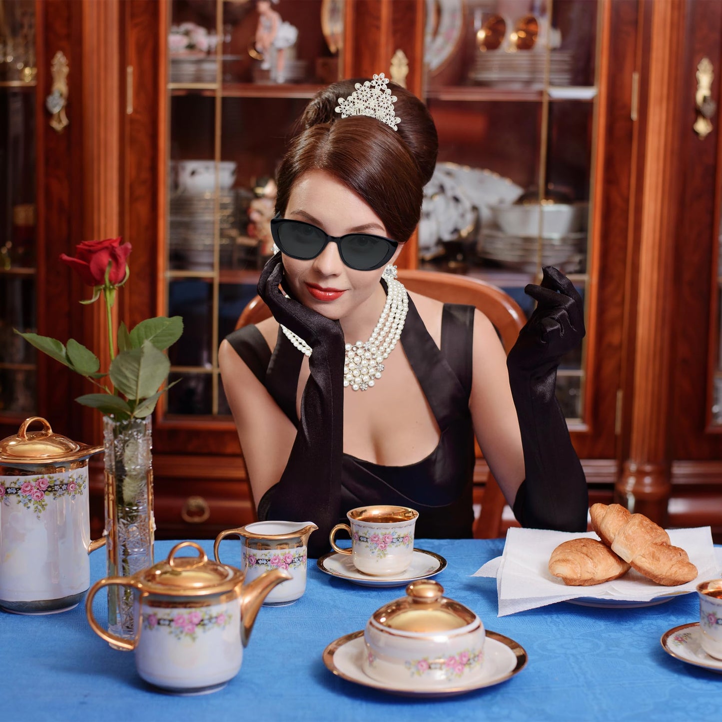 Horolam 6PCS 1920s Accessories, Holly Golightly Costume 20s Accessories Pearl Necklace Earrings Gloves Sunglasses for Women