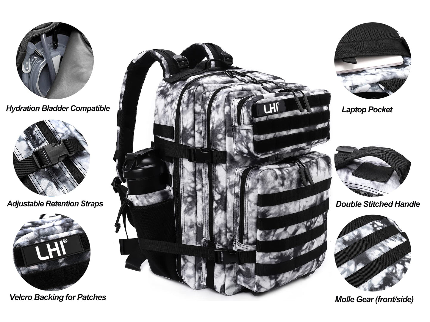 LHI Military Tactical Backpack for Men Molle Daypack 45L Army 3 Days Assault Pack Bag Large Rucksack With Bottle Holder Black and White(12*20*12)