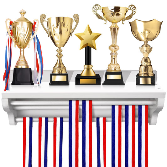 Pllieay Wooden Medal Hanger Display, Trophy Shelf, White Medal Hanger Display with Shelf, Medal Holder, Medal Rack, Race Medal Trophy Display Shelf for Showing Your Hard-Earned Achievements