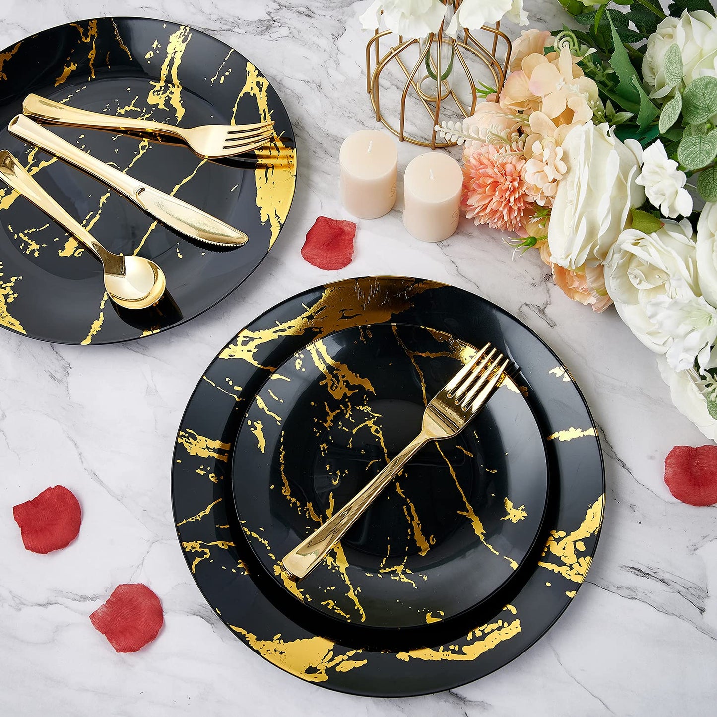 JOLLY PARTY 180PCS Disposable Dinnerware Set 30 Guest, 60 Black and Gold Plastic Plates, 30 Silverware, 30 Plastic Cups, Marble Design Dinnerware for Halloween, Wedding and Parties