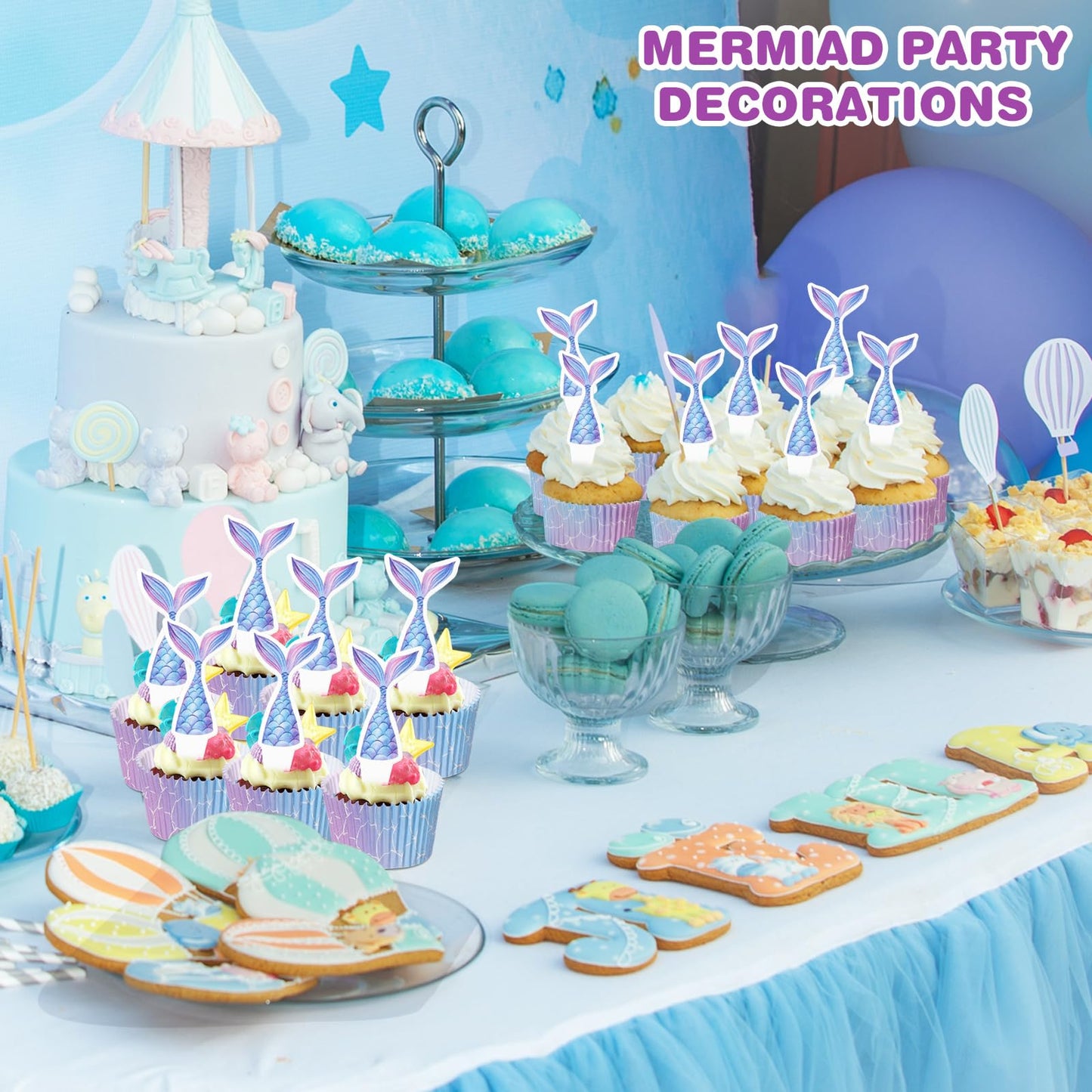 Vesici 200 Counts Cupcake Liners and 200 Counts Cupcake Toppers Round Baking Cups Greaseproof Muffin Liners for Graduation Wedding Baby Shower Birthday Theme Party Supplies(Mermaid)