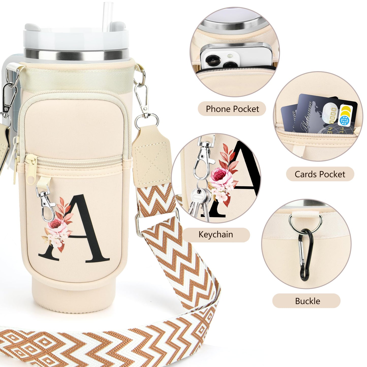 LOKASS Initial Water Bottle Holder with Upgrade Canvas Strap for Stanley 30 oz Tumbler, Gift for Mom Mother's Day Day gifts with Phone Pocket, Personalized Accessories for Stanley Cup, Cream - S