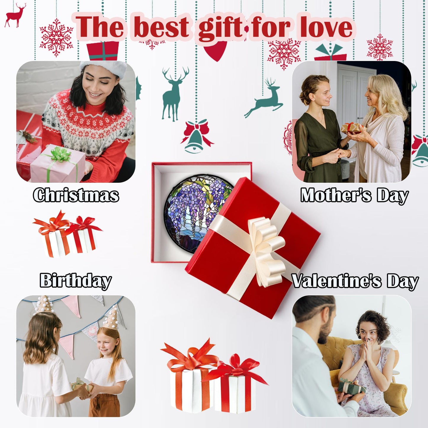 DASTOLL Stained Glass Window Hanging, Purple Wisteria Flowers Suncatcher for Doors Window Home Plant Sun Catchers Decoration Mother's Day Birthday Gifts for Women, Men, and Mom 6.3x6.3 in