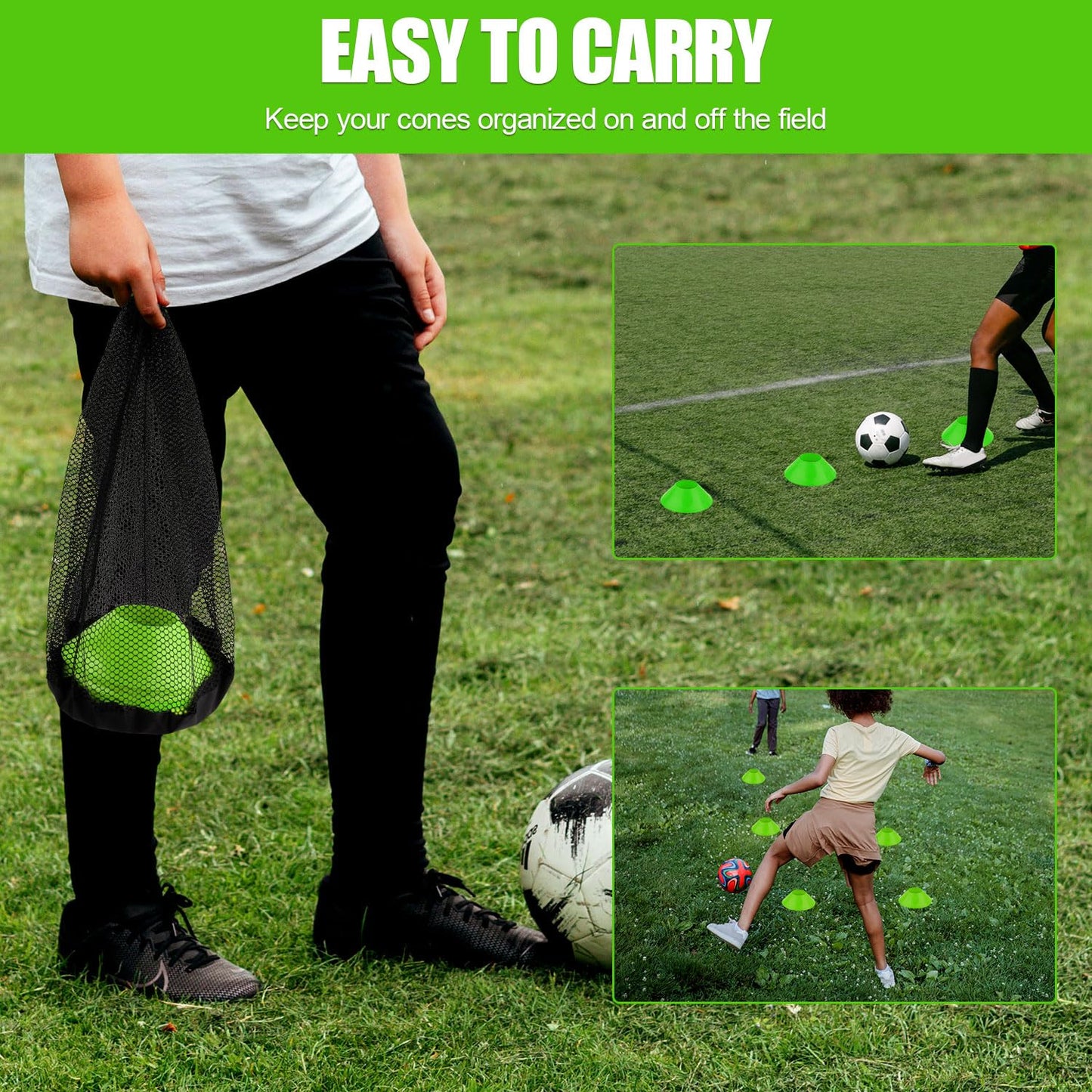 XIHIRCD 25pcs Soccer Cones for Sports Training, Mini Football Cones with Mesh Bag, Flexible Agility Practice Cones Drills Training Plastic Cones for Basketball Running Sports Games Kids Skating(Green)