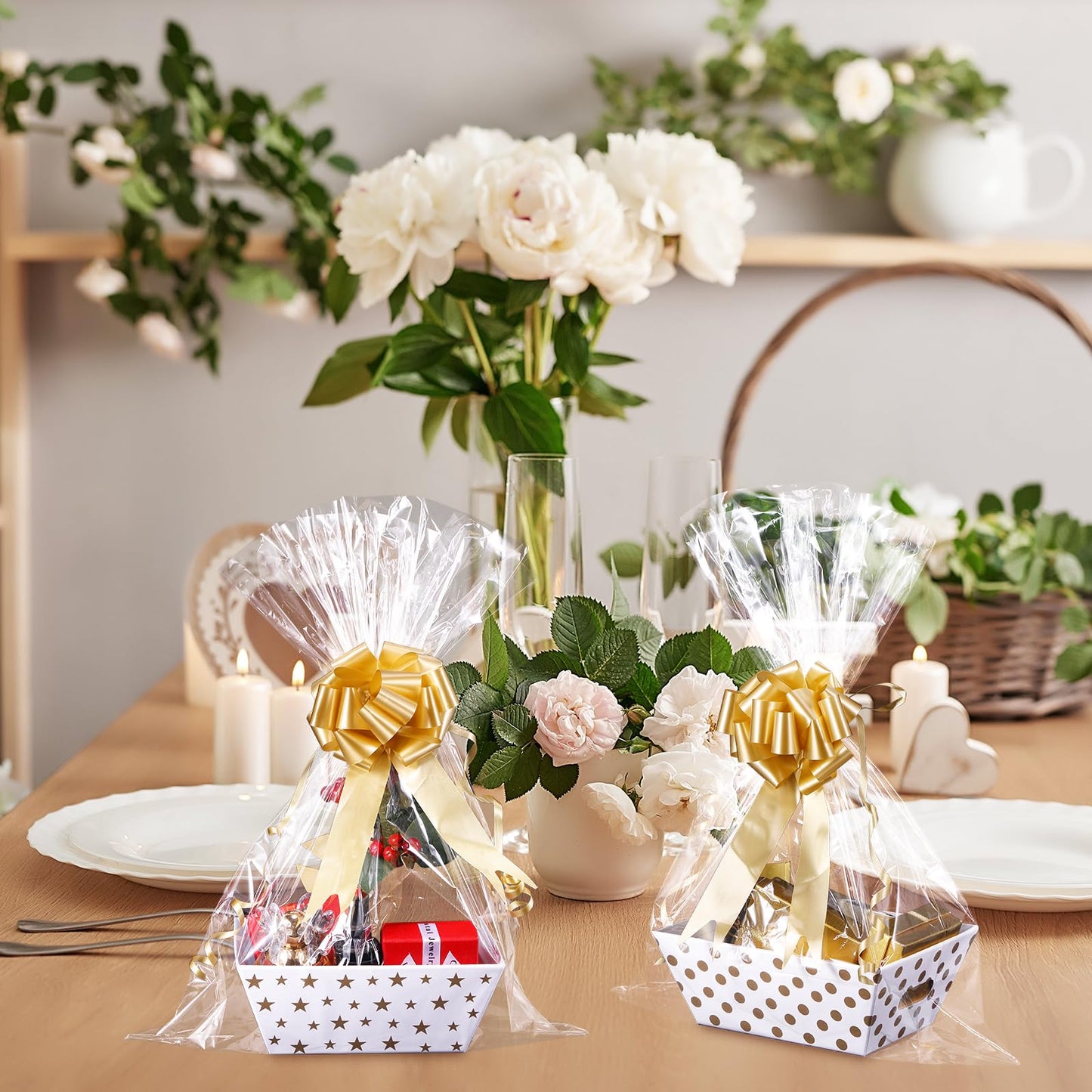 Canlierr 50 Pcs Basket for Gifts Empty Include 12 Pcs 8" x 6" x 3" Basket Empty to Fill with Handles 18 Pull Bows and 20 Clear Plastic Bags for Wedding Birthday Party Gift Wrapping(Golden)