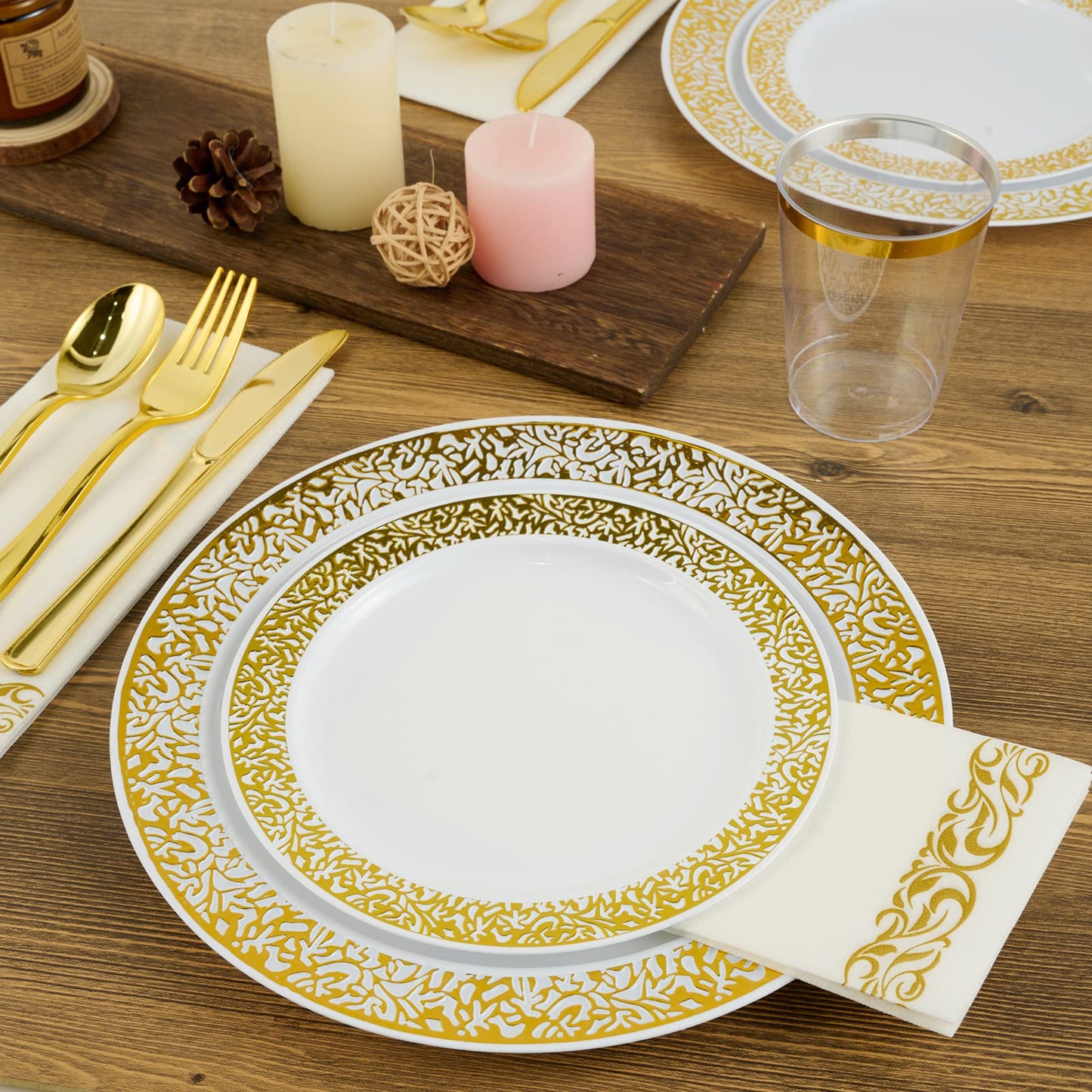 FOCUSLINE 175 Ct Gold Dinnerware Set for 25 Guests, White Plastic Plates with Gold Lace Rim Design, Including 25 Disposable Dinner & Dessert Plates, Cups, Napkins, Cutlery Set