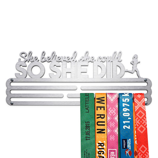 Sports Medal Hanger Display Race She Believed She Could So She Did | Brushed steel Race Medal Holder Awards Wall Mount | Running Marathon Race Medal Display for Wall | Steel medal holder for wall