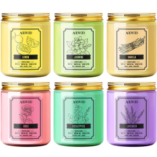 AOOVOO Scented Candles for Women - 6 Pack Colorful Jar Candle for Home Scented, 42oz Soy Candles, 300 Hours Burn Time, Aromatherapy Candles Gifts Set for Birthday