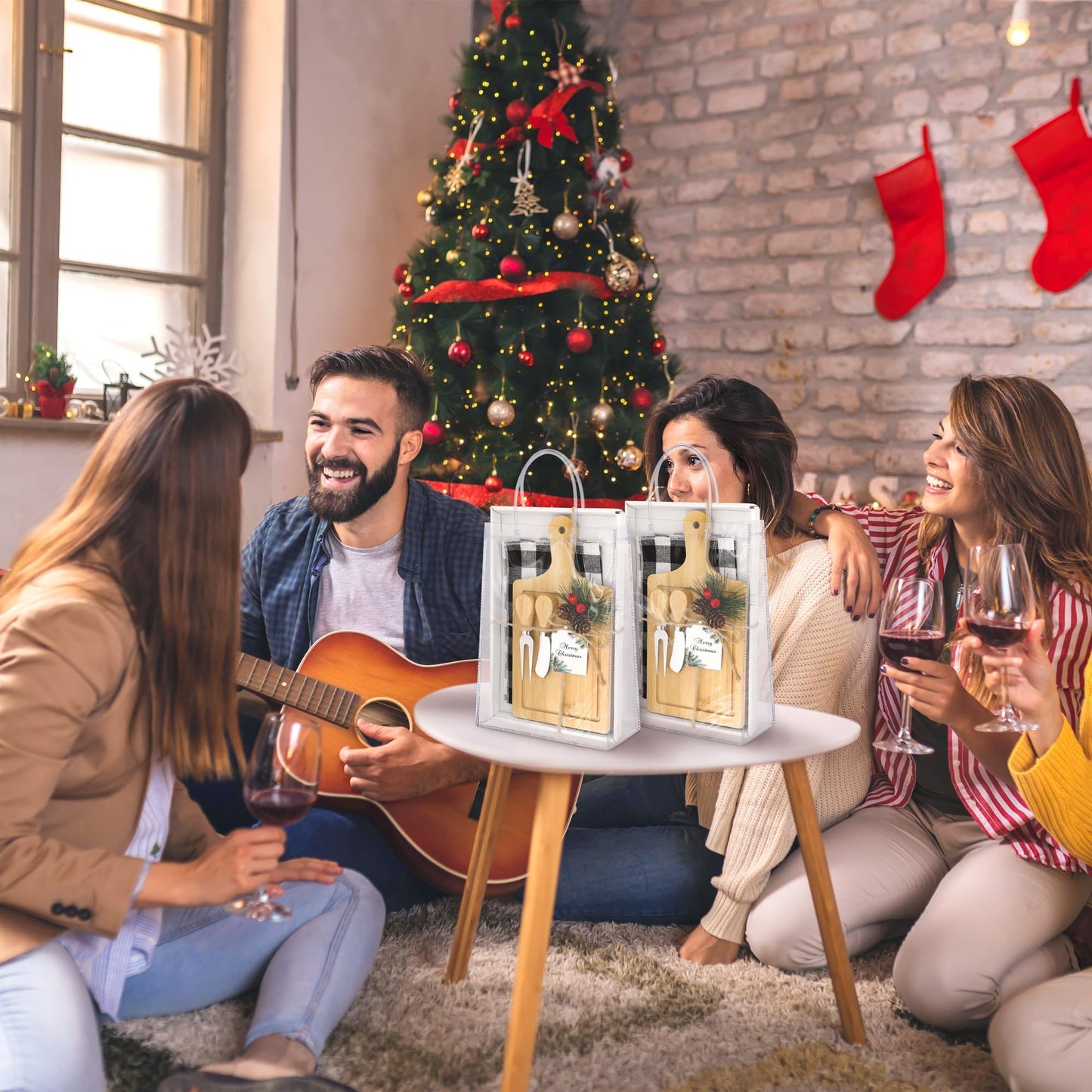 Kochorie 6 Sets Christmas Gifts Square Cheese Board Baby Bridal Shower Prizes for Game Winners Mini Cutting Board Tray with Cheese Knives Forks Kitchen Towels Christmas Party Supplies for Guests