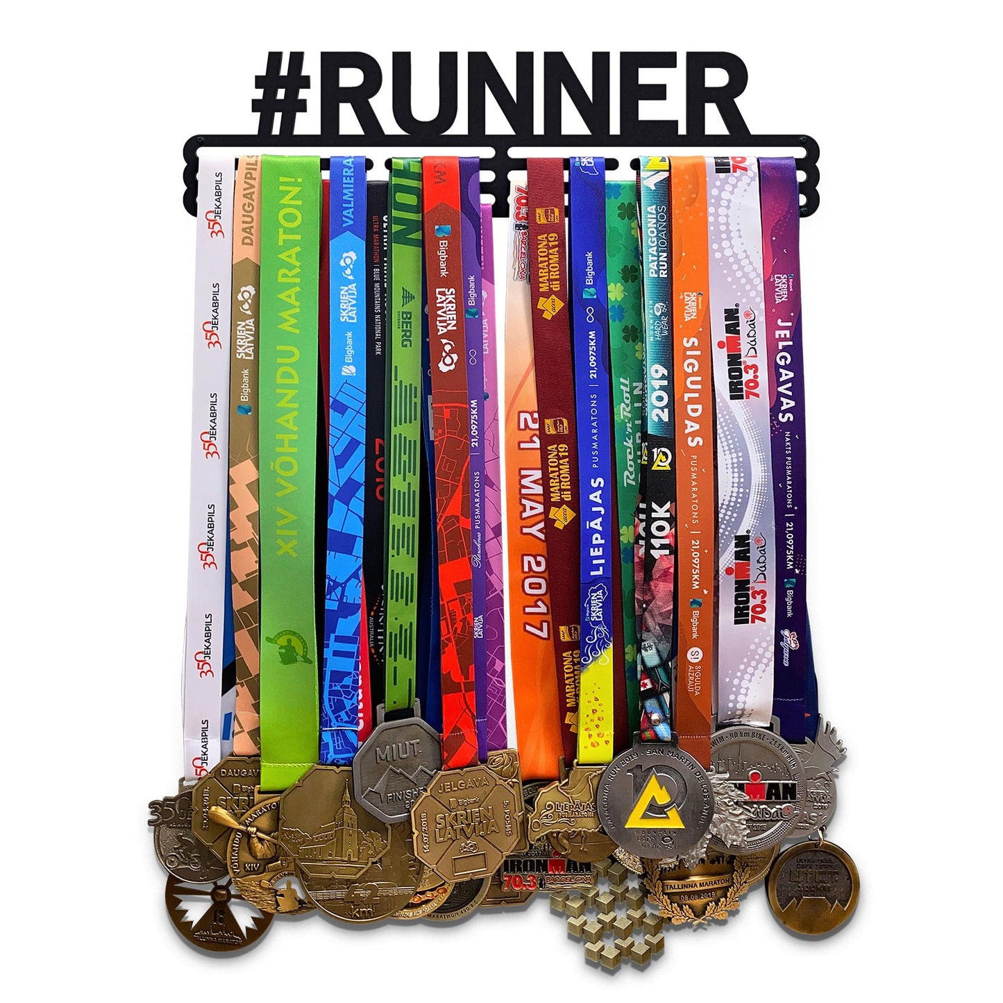 Sports Medal Hanger Display Race #RUNNER | Black Race Medal Holder Awards Wall Mount | Running Marathon Race Medal Display for Wall | Steel medal holder for wall holds up to 48 Medals