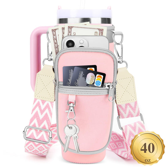 Water Bottle Carrier Bag with Canvas Shoulder Strap for Stanley 40 oz Tumbler with Handle, Water Bottle Holder Pouch with 6.7'' Phone Pocket for Stanley Cup Accessories, Birthday Gifts for Men Women