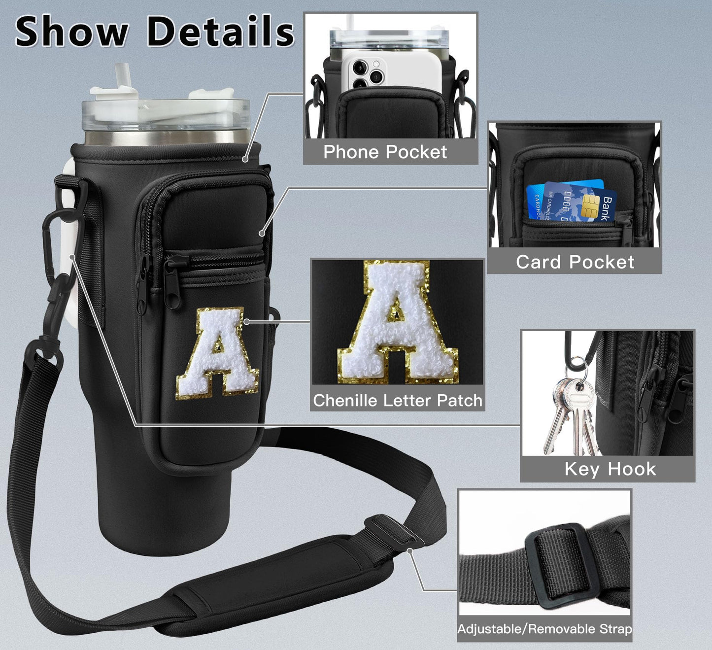Aganmi Water Bottle Sling Bag with Phone Pocket for Stanley 40oz Tumbler Cup Accessories,Chenille Letter Water Bottle Holder Pouch with Adjustable Shoulder Strap for Outdoor Activities(Black S)