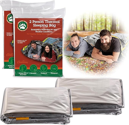 Emergency Thermal Mylar 2 Person Sleeping Bags -Ultra Compact for Camping, Survival, Disaster Bivouac Shelter- Pocket Sized, 7.25ft x 5.25ft - Retains 90% of Body Heat and Repels Wind & Water