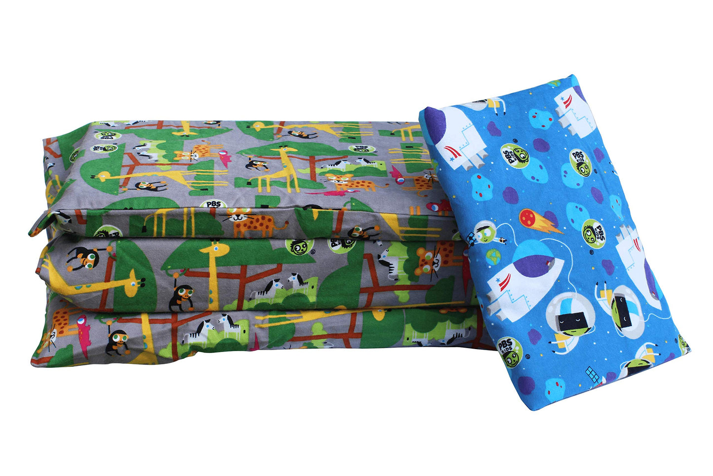 KinderMat 1.5" Thick + PBS Kids Adventure Kit - 2 Washable Covers - 47" x 22", Special Edition - Safari Party and Space Explorer - Value Bundle Great for Daycare & Family Households