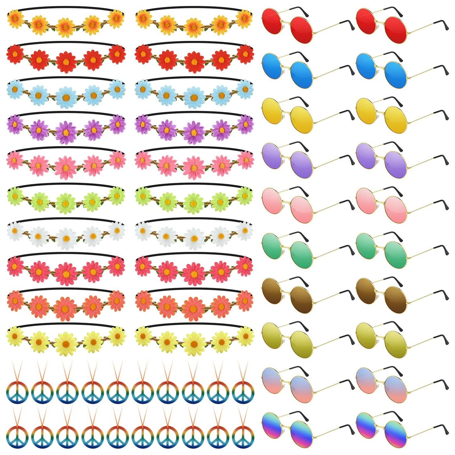 NEBURORA 60 Pieces Hippie Costume Accessory Set Multicolor Sunglasses Daisy Flower Headband Rainbow Peace Sign Necklaces for Hippie Party Supplies