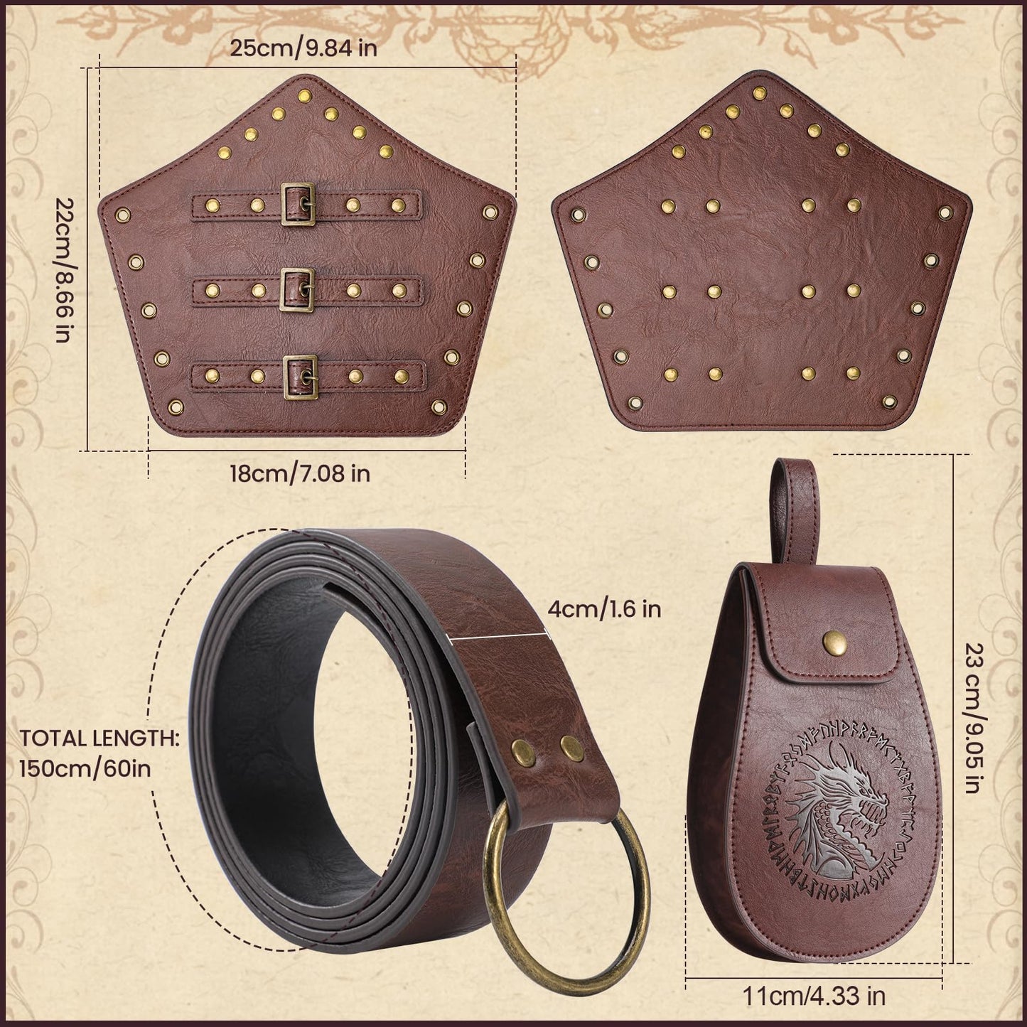 Berenlu 3 PCS Renaissance Accessories, Viking Renaissance Belt Medieval Vintage Belt Pouch and Leather Bracers, Enhance Your Halloween Renaissance Cosplay with Medieval Accessories (Brown)
