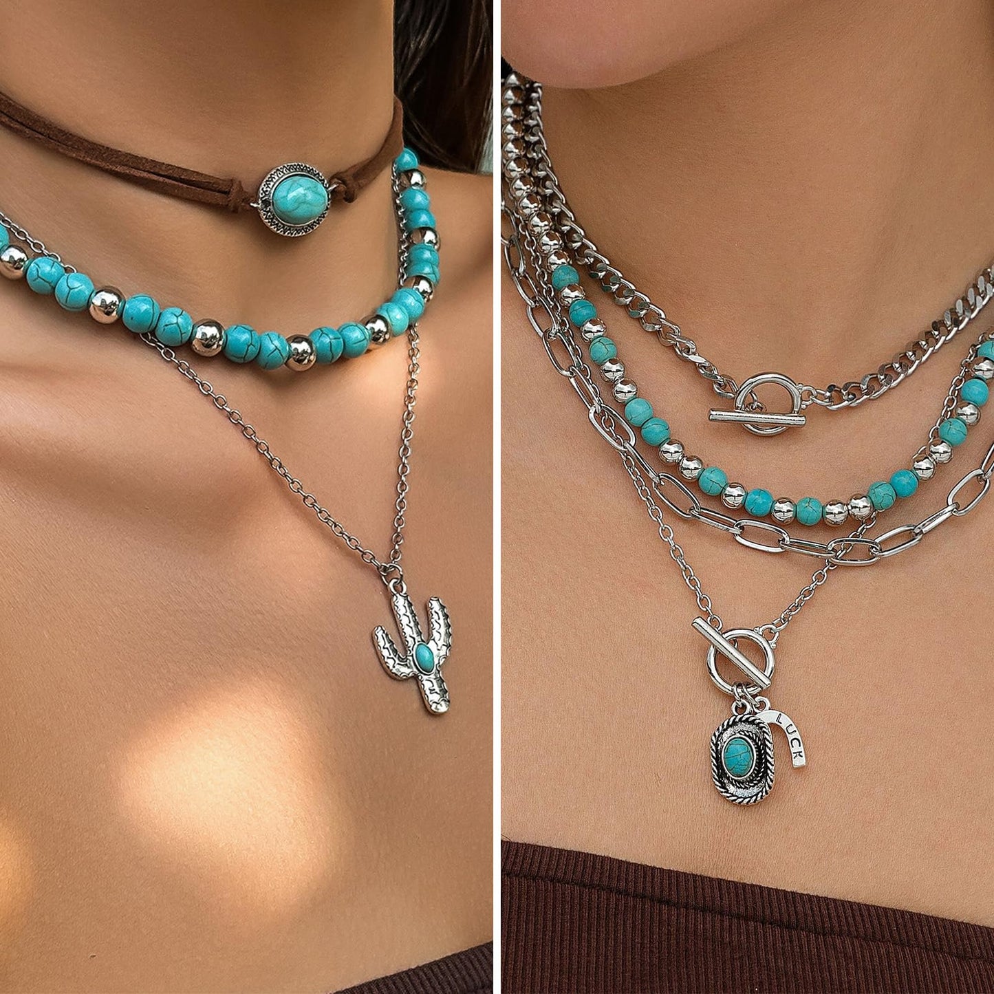 IFKM 50 PCS Silver Bohemian Jewelry Set With 7pcs Turquoise Necklace,12 pairs Dangle Earrings, 7pcs Stackable Bangle Bracelets, 24pcs Knuckle Rings For Women Vintage Western Boho Turquoise Anniversary Birthday Friendship Gift (Bohemian style)