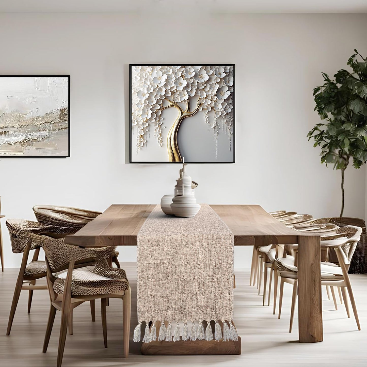 yuboo Boho Table Runner 108 inches Long, Rustic Farmhouse Dresser Runners for Bedroom, Dining Table, Summer Table Decor, Bridal Shower, Burlap Linen Table Runner (15x108 Tassels Included)